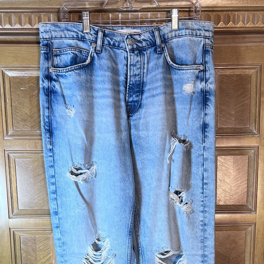 Topman Mens Distressed Light Wash Jeans Button Fly 34x32